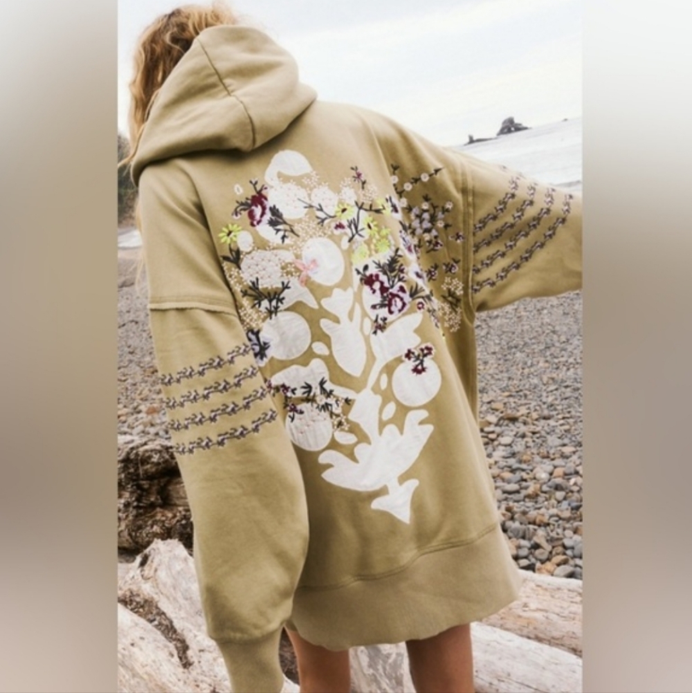 Free People Movement Embroidered Oversized Hoodie XL Boho Floral Sweatshirt